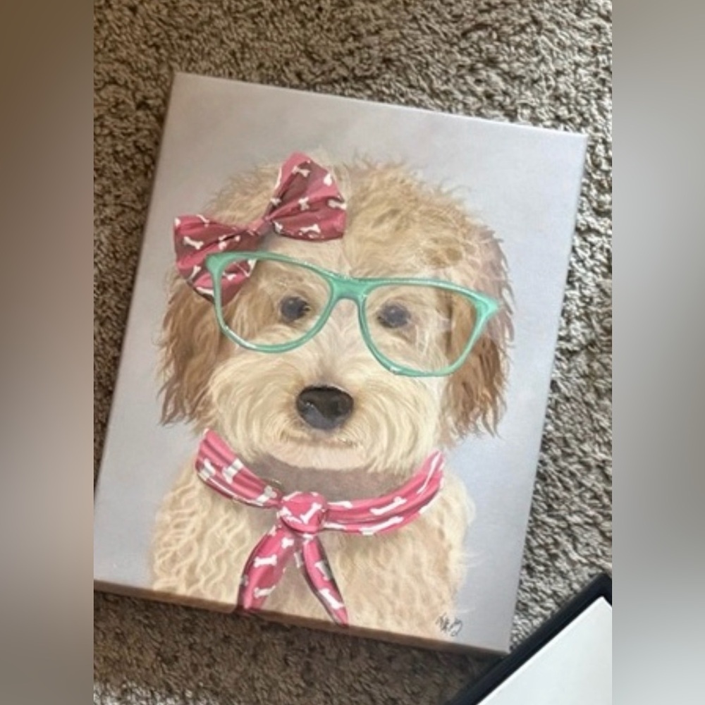 Cute Dog Canvas Art with Pink and Green Accents